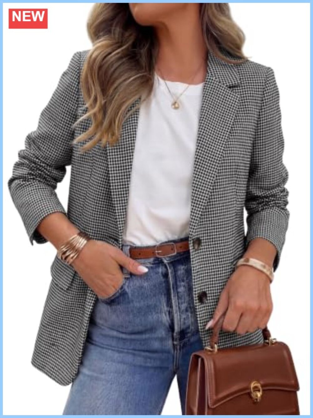 Plaid Blazer for Women Business Casual Double Breasted Notch Lapel Long Sleeve